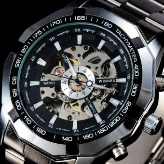 WINNER Stainless Steel Case And Strap Men Male Fashion Business Sport Casual Army Military Skeleton Automatic Mechanical Wrist Watch - Black - intl  