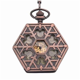 Womdee Antique red bronze Hexagonal automatic pendant fob watchretro pocket watch keychain vintage mechanical pocket watch withChain (Yellow) - intl  