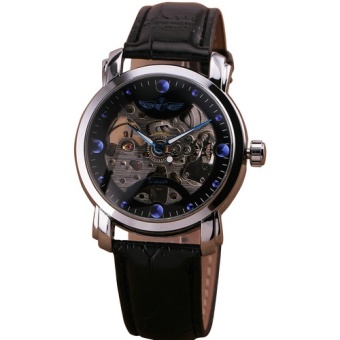 Women Blue Jewel Hollow-out Skeleton Automatic Mechanical Wristwatch Lover's present Black Leather Strap Unisex Size+ Gift Box 215 - intl  