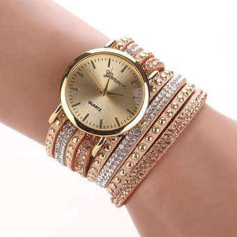 Women Crystal Rivet Bracelet Quartz Braided Winding Wrap WristWatch -Gold - intl  