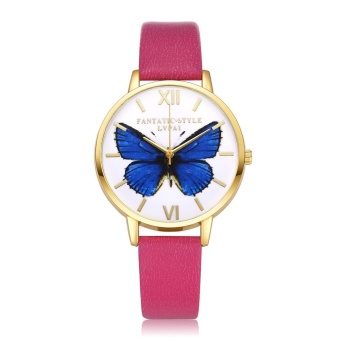 Women Fashion Butterfly Leather Band Analog Quartz Round Wrist Watch Hot Pink - intl  