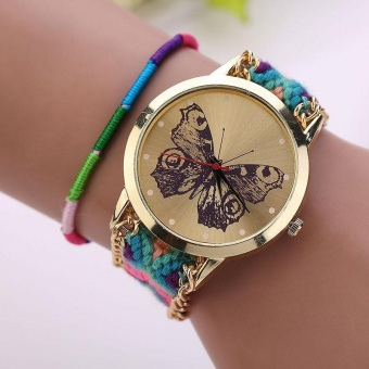 Women Girl Handmade Weaved Braided Butterfly Bracelet Dial Quarzt Watch -Blue+Purple - intl  