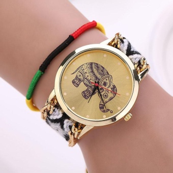 Women Girl Handmade Weaved Braided Elephant Bracelet Dial Quarzt Watch -Black+White - intl  