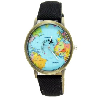Women Men Vintage Earth World Map Watch Analog Quartz Denim Fabric Wrist Watches Gifts High Quality Black  