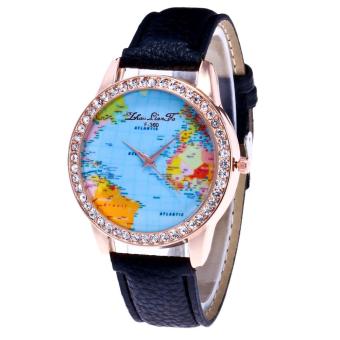 Women World Map Quartz Leather Analog Wrist Watch Round Case Watch Black - intl  