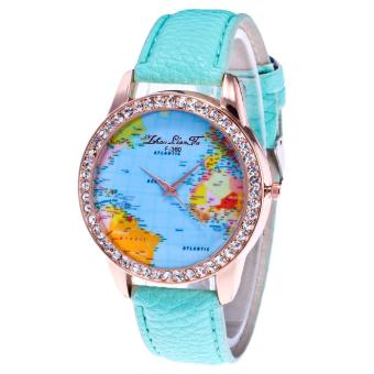 Women World Map Quartz Leather Analog Wrist Watch Round Case Watch Green - intl  