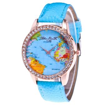 Women World Map Quartz Leather Analog Wrist Watch Round Case Watch Sky Blue - intl  