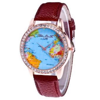 Women World Map Quartz Leather Analog Wrist Watch Round Case Watch Wine - intl  