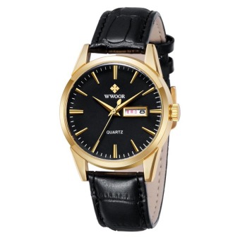 WWOOR HOT 2016 Luxury Leather Straps Mens Business Watch Auto Date Week Casual Sports Watch Waterproof Wristwatch, Black Gold - intl  