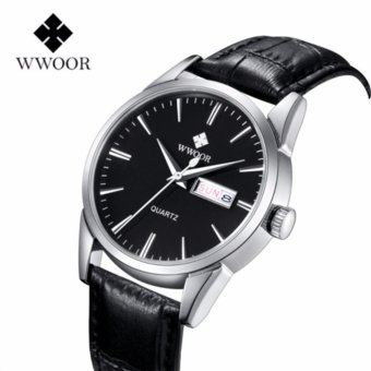 WWOOR Luxury Brand Golden Fashion Casual Watches Men Leather Strap Analog Quartz Wristwatches Auto Date men watch - intl  