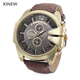 Xinew 0201 Male Quartz Watch Large Dial Decorative Sub-dial Luminous PU Band Wristwatch (Black)  