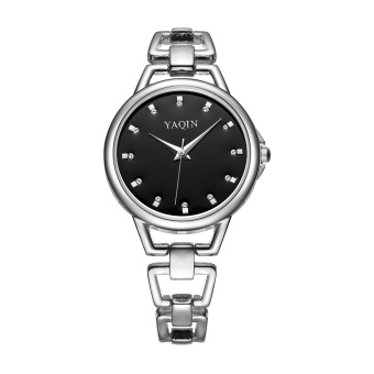 YAQIN Women's Fashion Rhinestone Dial Wristwatches Full Silver Alloy Bracelet Watches 408702 (Black)  