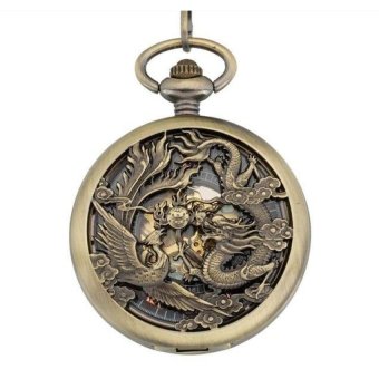 yazhang 2016 Retro Punk Watches Men Women Necklace Chain MechanicalDragon and Phoenix hollow Pendant Pocket Quartz Watch (Yellow) - intl  