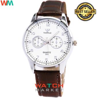 Yazole Jam Tangan Pria 311 Quartz Kulit Analog Fashion Men Leather Wrist Watch - Coklat Putih  