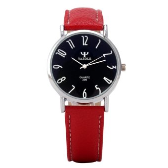 Yazole Men Quartz Bluelans Glass Red Leather Strap Watch(Color:Black)  