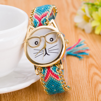 Yika Cat Handmade Weave Adjustable Bracelet Gold Plated Dial Wrist Watch (#3)  