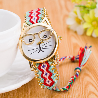 Yika Cat Handmade Weave Adjustable Bracelet Gold Plated Dial Wrist Watch (#7)  