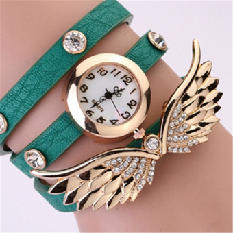 Yika Fashion Angel Wings Rhinestone-studded Leather Ladies Quartz Watches (Green)  
