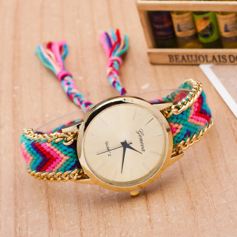 Yika Geneva Handmade Weave Adjustable Bracelet Gold Plated Dial Wrist Watch (#8)  