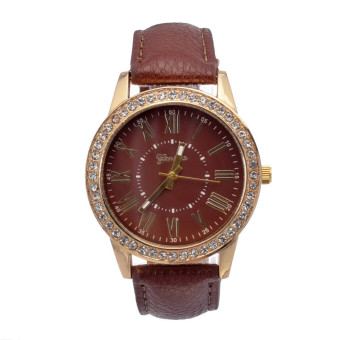 Yika Ladies Women Girl Geneva Leatherwear Quartz Golden Crystal Stone Rome Wrist Watch (Brown)  