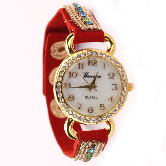 Yika Leather Strap Analog Quartz Wrist Watch (Red)  
