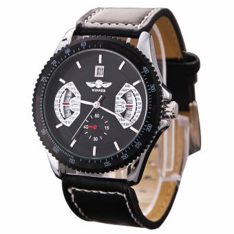 Yika Mens Auto Mechanical Sketeton Leather Analog Wrist Watch (Black)  