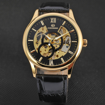 Yika Men's Mechanical Automatic Self-Winding Date Leather Wrist Watch (Black+Gold)  