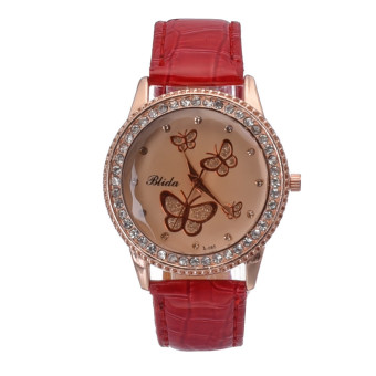 Yika Women Lady Golden Band Butterfly Bracelet Watches Quartz Rhinestone Wrist Watch (Red)  