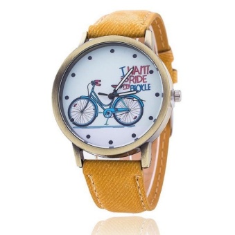 Yumite retro cowboy canvas bike pattern watch simple male and female student couple quartz watch yellow strap white dial - intl  