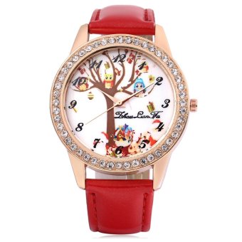 ZhouLianFa Female Quartz Watch Artificial Diamond Christmas Theme Dial Leather Band Wristwatch (Red) - intl  
