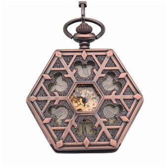 zoowop Antique red bronze Hexagonal automatic pendant fob watch retro pocket watch keychain vintage mechanical pocket watch with Chain (Yellow)(OVERSEAS) - intl  
