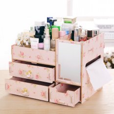 Best Rak Kayu kosmetik 058 CERMIN +TISSUE DIY Cosmetic Storage Organizer - Pink Camelia
