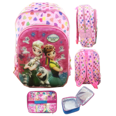 BGC 5 Dimensi Gambar Rubah Rubah Frozen Fever 2 Kantung Tas Ransel Anak SD IMPORT + Lunch Bag Aluminium Tahan Panas - Full Motif Pink Love