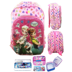 BGC 5 Dimensi Gambar Rubah Rubah Frozen Fever 2 Kantung Tas Ransel Anak SD IMPORT + Lunch Bag Aluminium Tahan Panas + Kotak Pensil Alat Tulis - Full Motif Pink Love