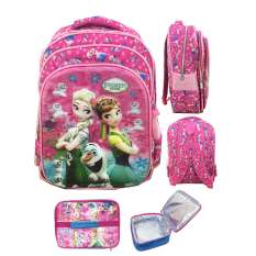 BGC 5 Dimensi Gambar Rubah Rubah Frozen Fever 3 Kantung Tas Ransel Anak SD IMPORT + Lunch Bag Aluminium Tahan Panas - Full Motif Elsa