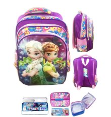 BGC 5 Dimensi Gambar Rubah Rubah Frozen Fever 4 Kantung Timbul IMPORT Tas Ransel Anak Sekolah SD + Lunch Bag Aluminium Thana Panas + Kotak Pensil Alat Tulis- Motif Purple Pink Daun Love