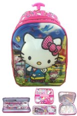 BGC 5 Dimensi Gambar Rubah Rubah Hello Kitty 2 Kantung Timbul IMPORT Tas Troley Anak Sekolah TK + Lunch Bag Aluminium Tahan Panas + Kotak Pensil Alat Tulis - Full Kitty Pink