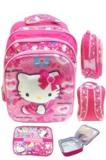 BGC 5 Dimensi Gambar Rubah Rubah Hello Kitty 3 Kantung Timbul IMPORT Tas Ransel Anak Sekolah SD + Lunch Bag ALuminium tahan Panas- Motif Full Kitty Pinky