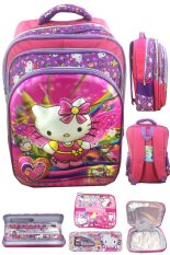 BGC 5 Dimensi Gambar Rubah Rubah Hello Kitty 4 Kantung Timbul IMPORT Tas Ransel Anak Sekolah SD + Lunch Bag Aluminium Tahan Panas + Kotak Pensil Alat Tulis - Full Kitty Purple Pink
