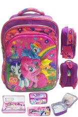 BGC 5 Dimensi Gambar Rubah Rubah My Little Pony 4 Kantung Timbul IMPORT Tas Ransel Anak Sekolah SD + Lunch Bag Aluminium Tahan Panas + Kotak Pensil + Alat Tulis - Purple Flower