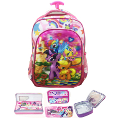 BGC 5 Dimensi Gambar Rubah Rubah My Little Pony Tas Troley Anak SD IMPORT + Lunch Bag Aluminium Tahan Panas + Kotak Pensil Alat Tulis - Full Motif Rainbow Star