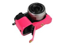 Bottom Opening Version Protective PU Leather Half Camera Case Bag Cover with Tripod Design for Sony ILCE6000 a6000 Camera with Hand Strap (Magenta) (Intl)