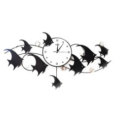 Dfq003 Mute Metal Living Room Fish Shpe Decorated with Colored shells Wall Clock Gloden (Intl)