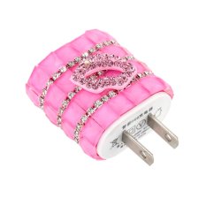 DIY Rhinestone Original Adaptive Charger USB Travel Wall Adapter 5V 1A with Micro USB Data Cable for iPhone 6 6 Plus 6S 6S Plus Samsung (White/Pink)