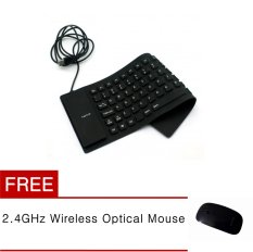 Foldable USB Flexible Keyboard - Hitam + OCEAN 2.4GHz Wireless Optical Mouse - Hitam