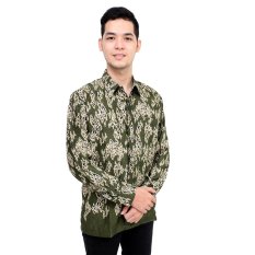 Hansen & Lisa Kemeja Batik Sutra Lengan Panjang Mega Mendung Green Army
