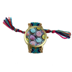 Ice cream Pattern National Wind Weaved Bracelet Quartz Watch Women Purple+Green (Intl)