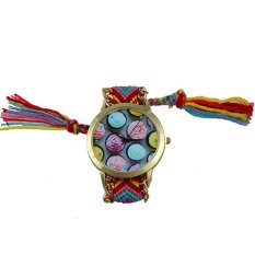 Ice cream Pattern National Wind Weaved Bracelet Quartz Watch Women Red+Yellow- Intl