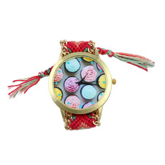 Ice cream Pattern Weaved Rope Band Bracelet Quartz Dial Watch Hot Pink+Green (Intl)