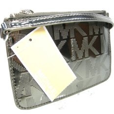 Michael Kors Mk Logo Wristlet Purse Bag Genuine Nickel Silver Leather Jet Set Mirror Metallic IFS000127710 - Intl
